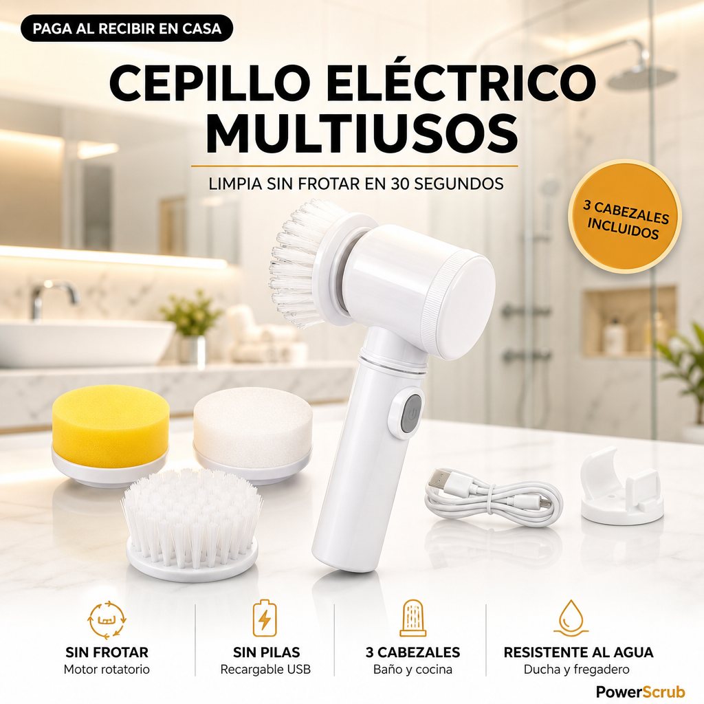 PowerScrub® - Cepillo de Limpieza Eléctrico Inalámbrico + Kit 3 Cabezales