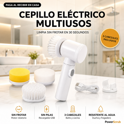 PowerScrub® - Cepillo de Limpieza Eléctrico Inalámbrico + Kit 3 Cabezales