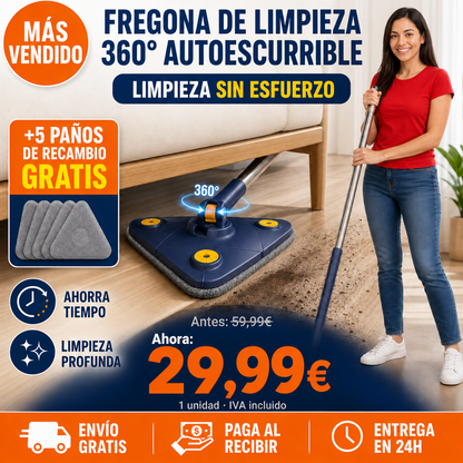 SuperMop® - Fregona 360º Autoescurrible + Kit 5 Paños de recambio